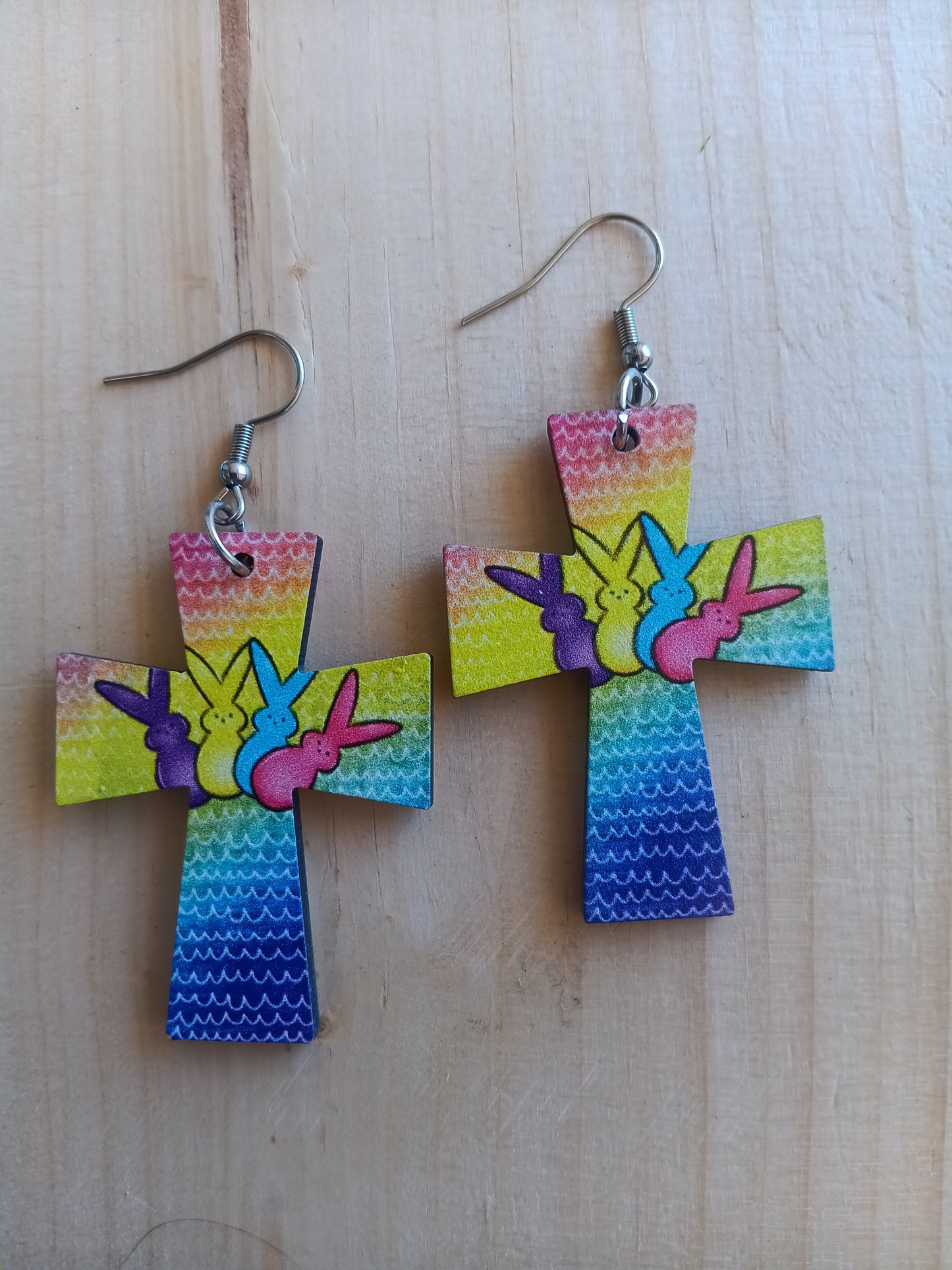 Beautiful Colorful Bunny Cross Easter Earrings