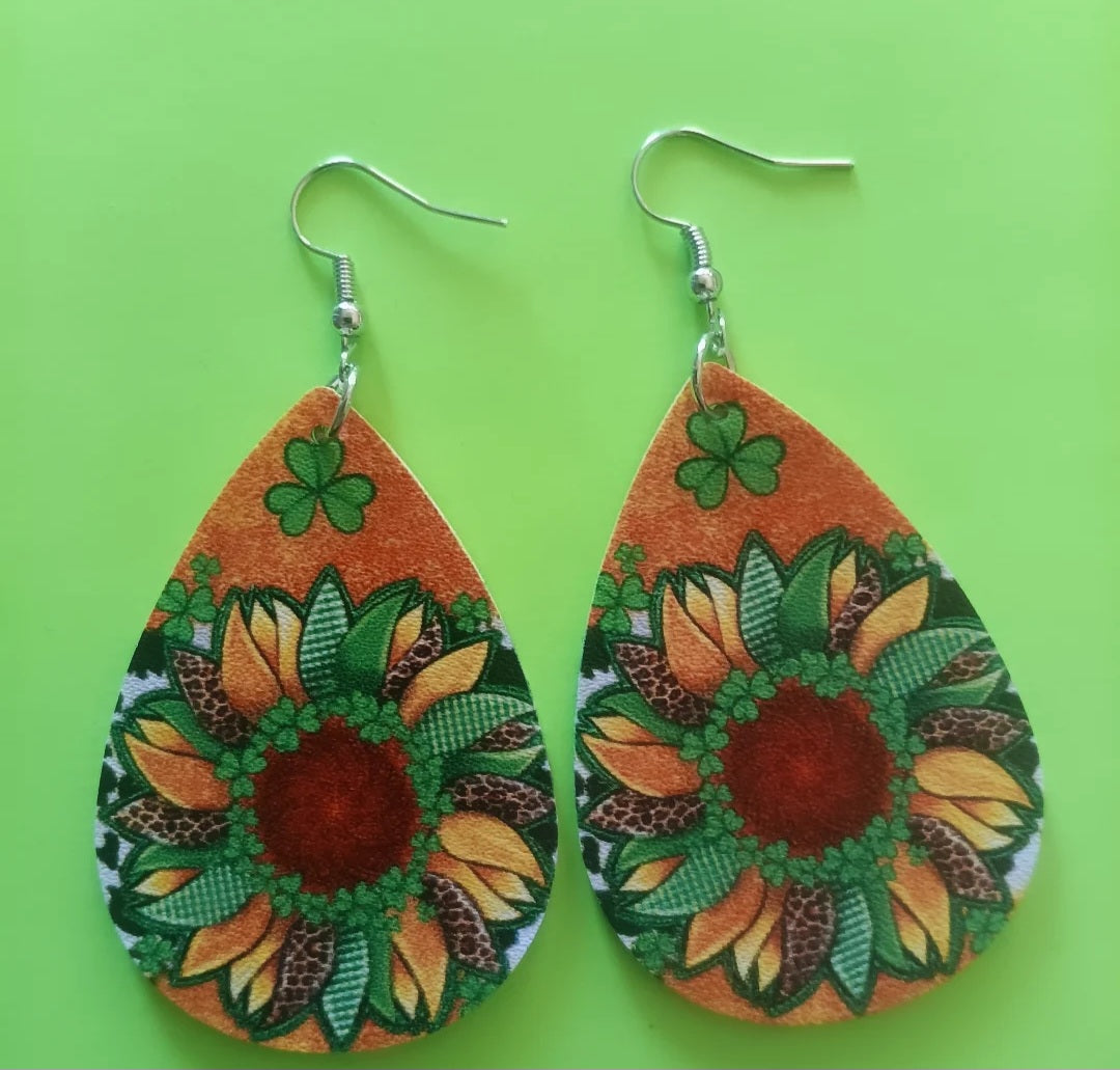Fun Green Sunflower Clover Earrings