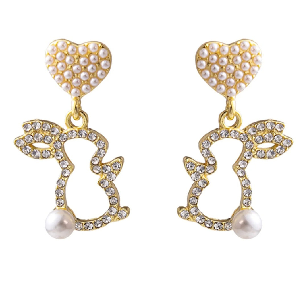 Adorable Heart Pearls Bunny Rhinestone Stud Earrings