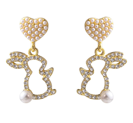 Adorable Heart Pearls Bunny Rhinestone Stud Earrings