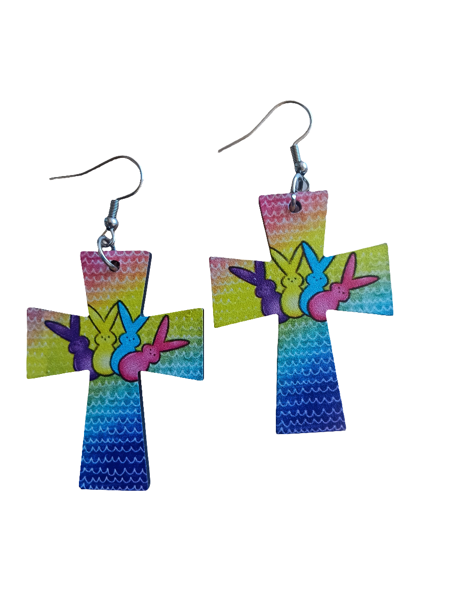 Beautiful Colorful Bunny Cross Easter Earrings
