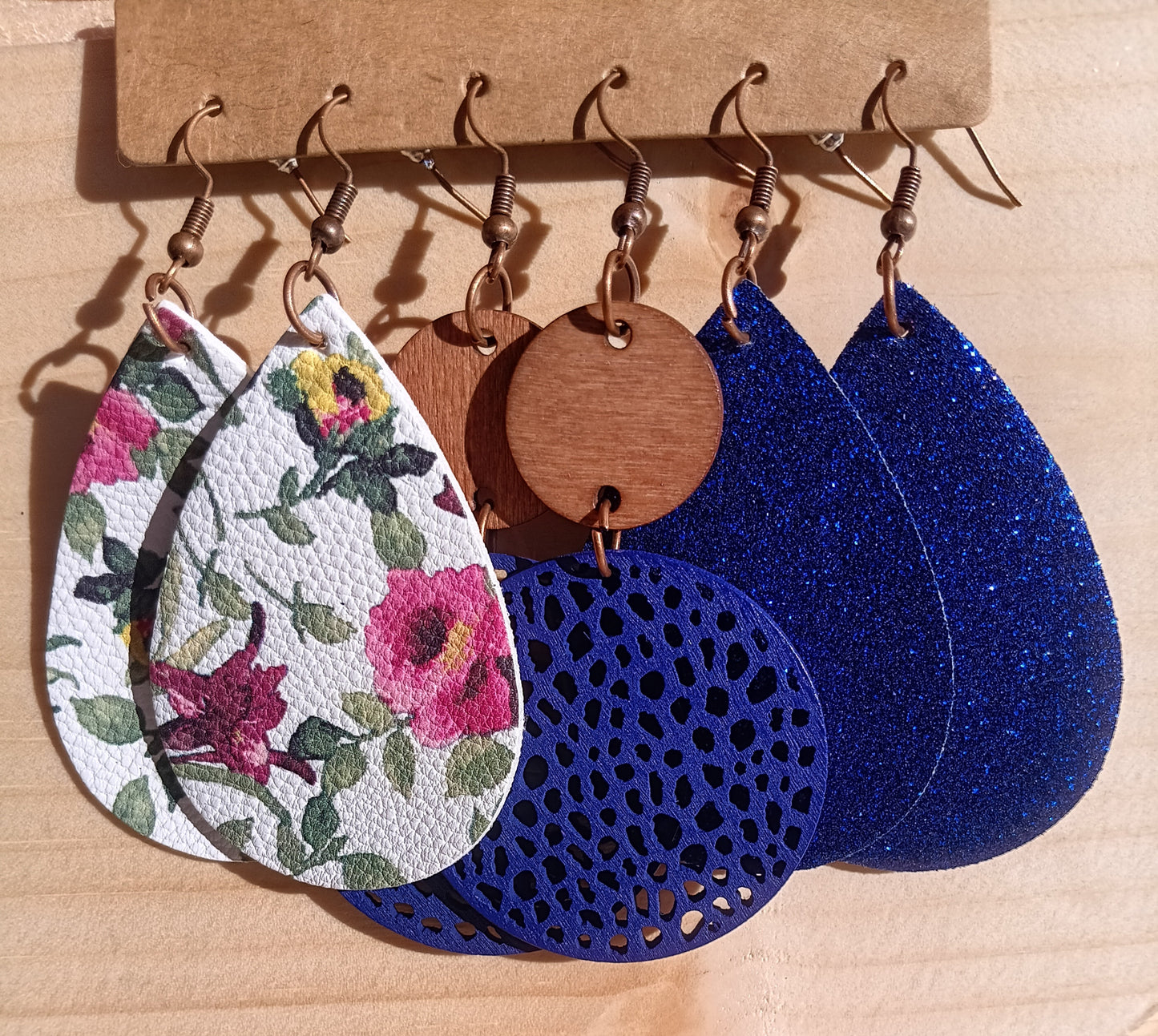 Blue Florals Wooden and Leather Earring Set