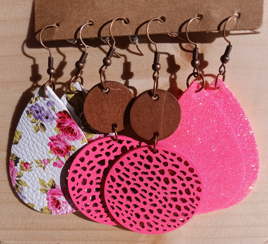 Pink Florals Wooden and Leather Earring Set