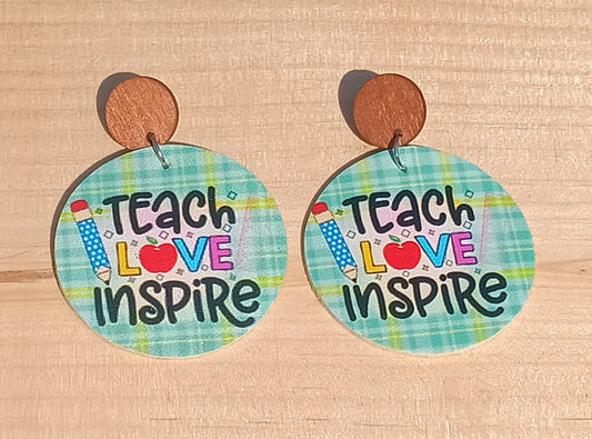 Teacher Love Inspire Leather & Wood Dangle Stud Earrings
