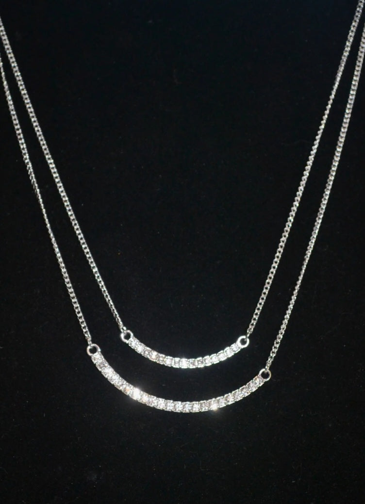 Double curve Balance Bar Semi-Circle Necklace Set W/Pave Rhinestones