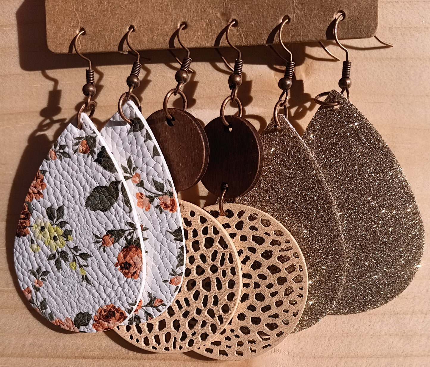 Neutral Florals Wooden and Leather Earring Set