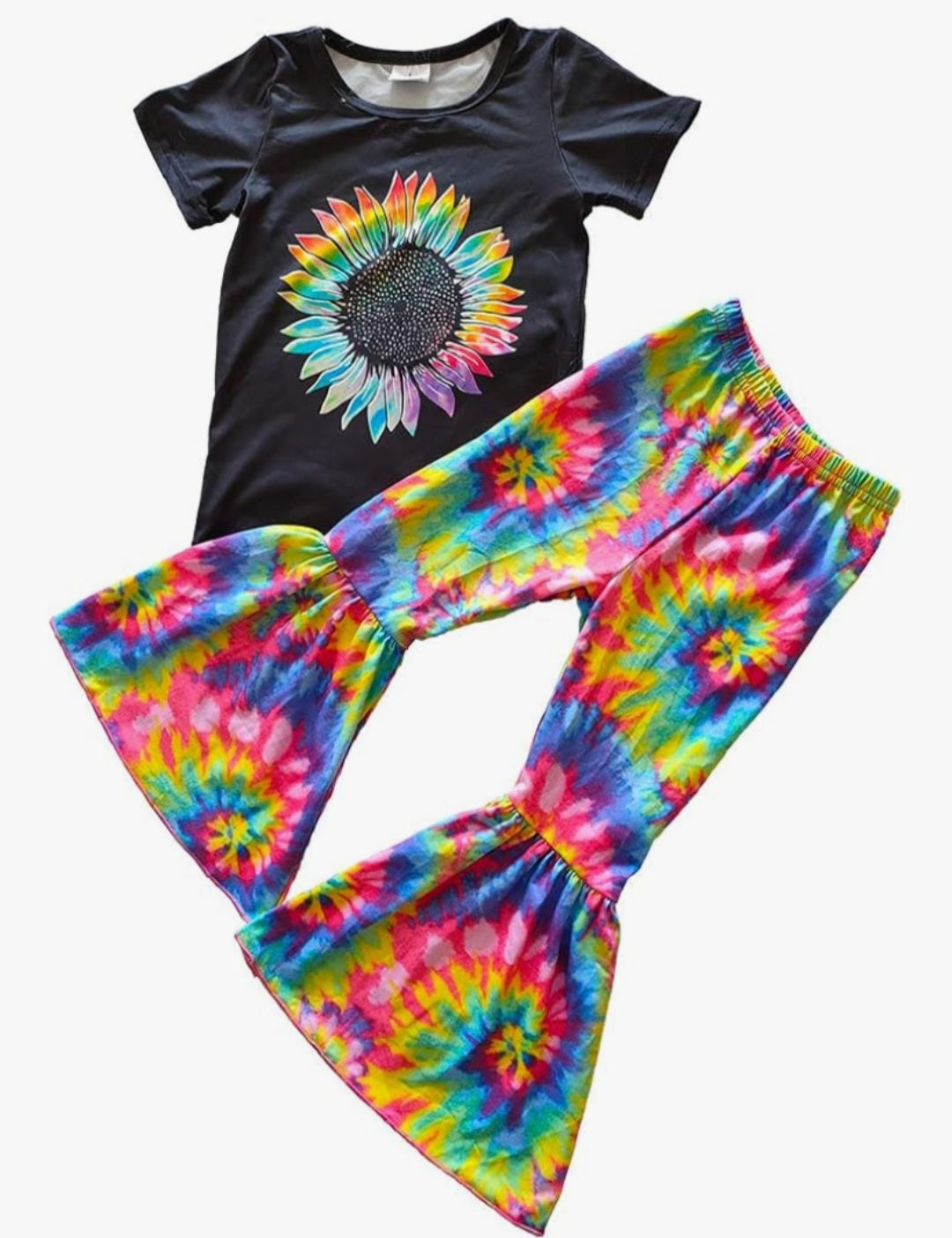 Toddler Boho Tie Dye Flower Bell Bottom Outfit w/Lrg bow Size 2T
