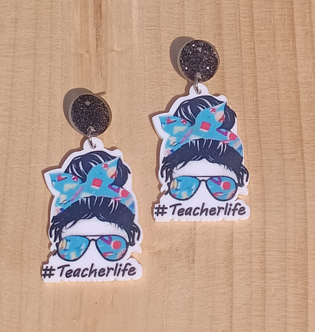 Teacher Life Bun Acrylic Dangle Stud Earrings
