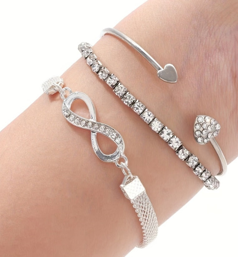 Beautiful 3 piece adjustable Infinity Heart Rhinestone Bracelet set