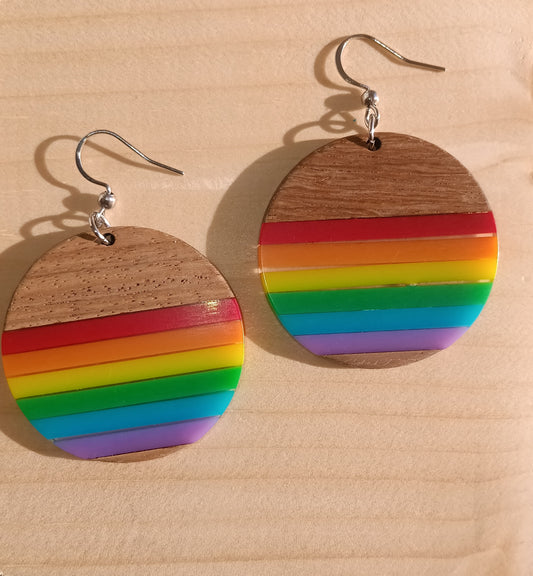 Beautiful Boho Solid Circle Rainbow Wood and Resin Earrings