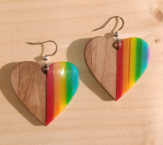 Gorgeous Boho Wood and Resin Rainbow Heart Earrings