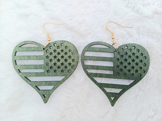 Beautiful Green Wooden Heart Flag Earrings