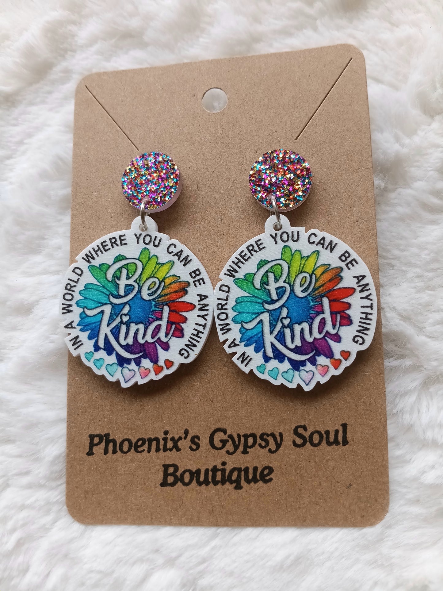 Be Kind Glitter Stud Rainbow Sunflower Acrylic Earrings