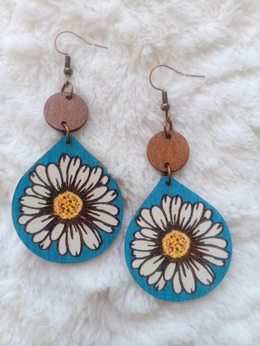 Colorful Teal Blue Sunflower Earrings