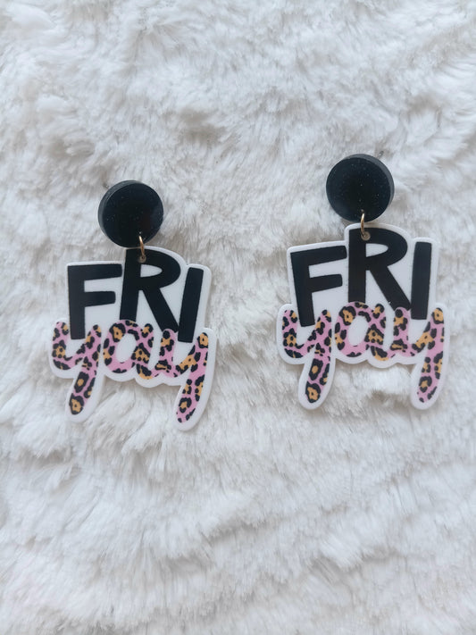 Fun FRI-YAY Black & Pink Leopard Dangle Stud Earrings