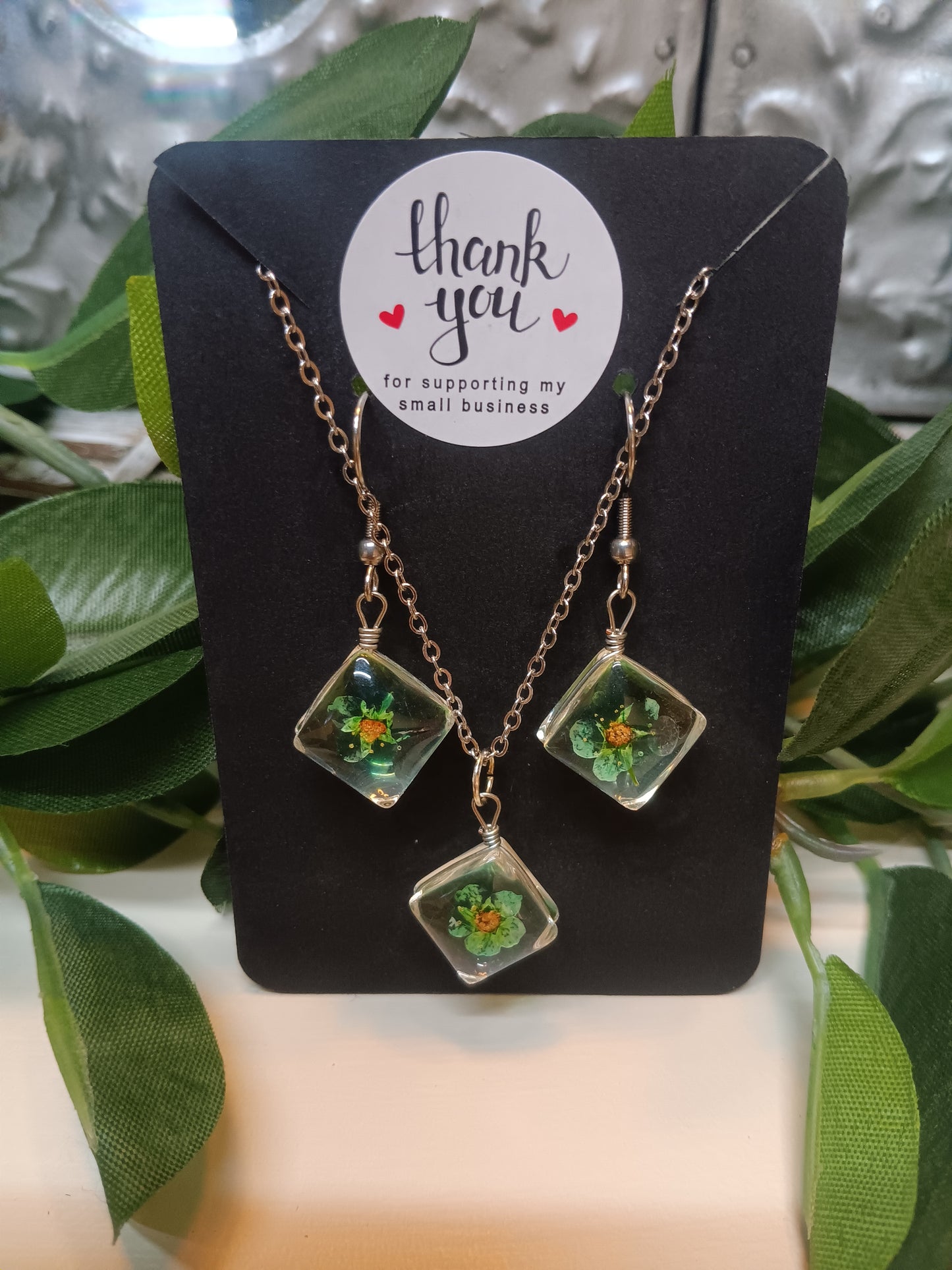 Dainty Beautiful Square Dried Flowers Jewelry Set