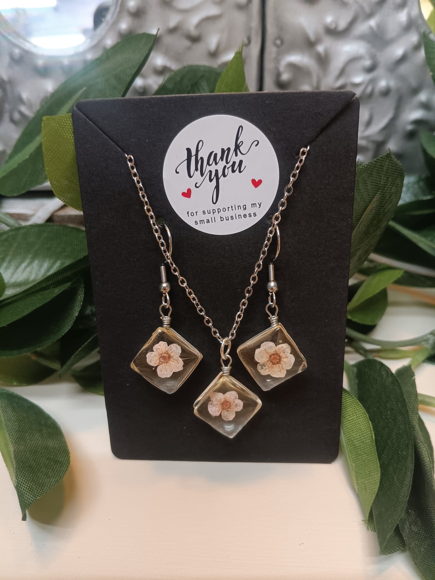 Dainty Beautiful Square Dried Flowers Jewelry Set