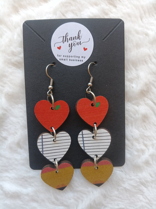 Apple Paper Pencil Heart Dangle Earrings