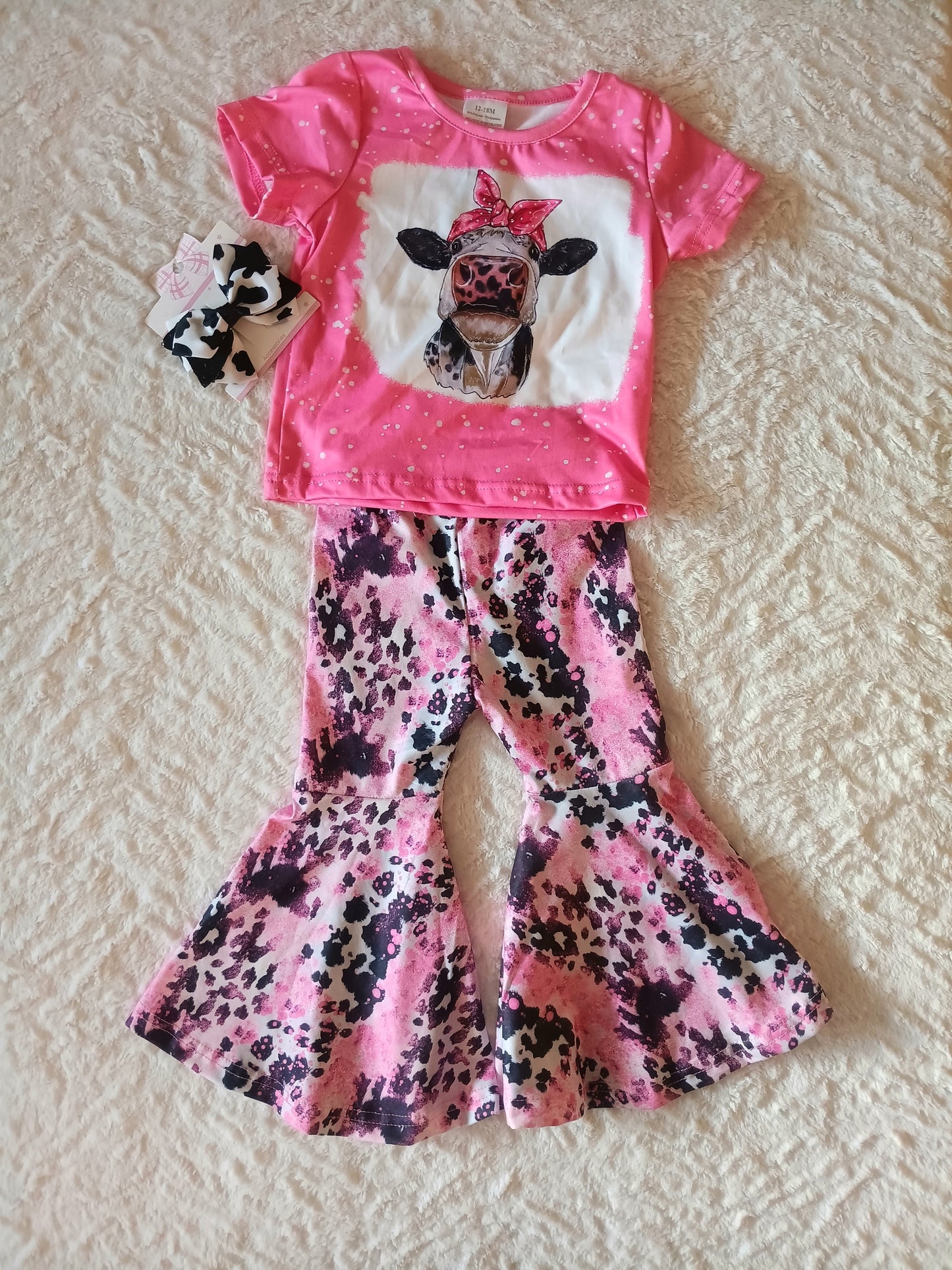 Super CUTE pink Cow Baby Bell Bottom Set w/Bow