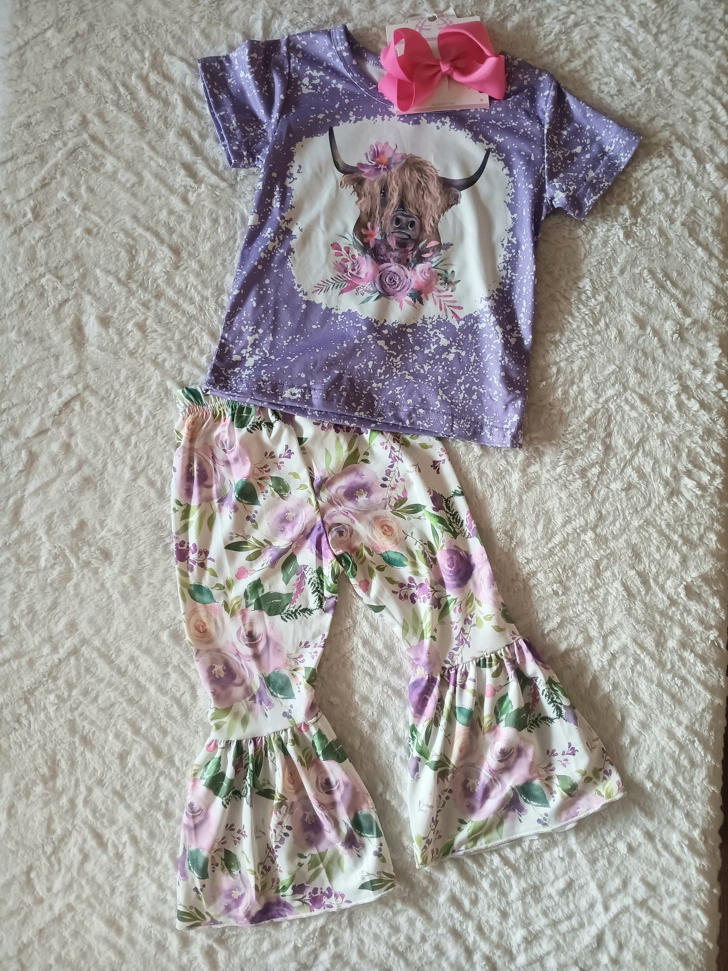 Beautiful Floral Cow Baby Bell Bottom Set w/ pink bow