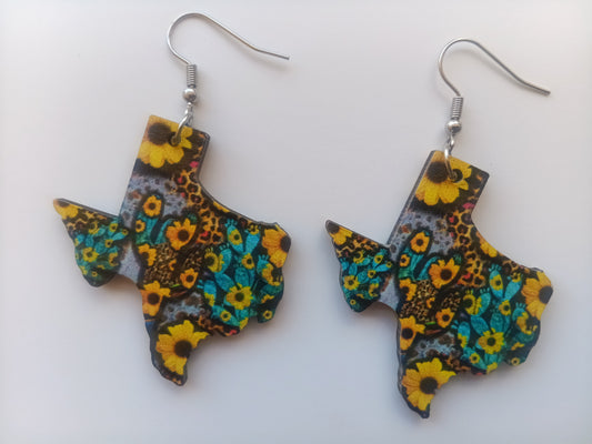 Southern Style Wooden Sunflower Texas Cactus Earrings