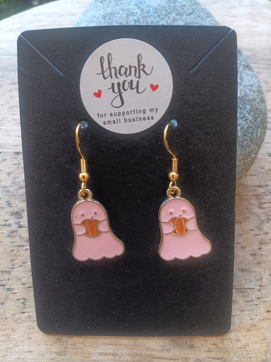 Cute Pink Ghost holding a pumpkin Earrings