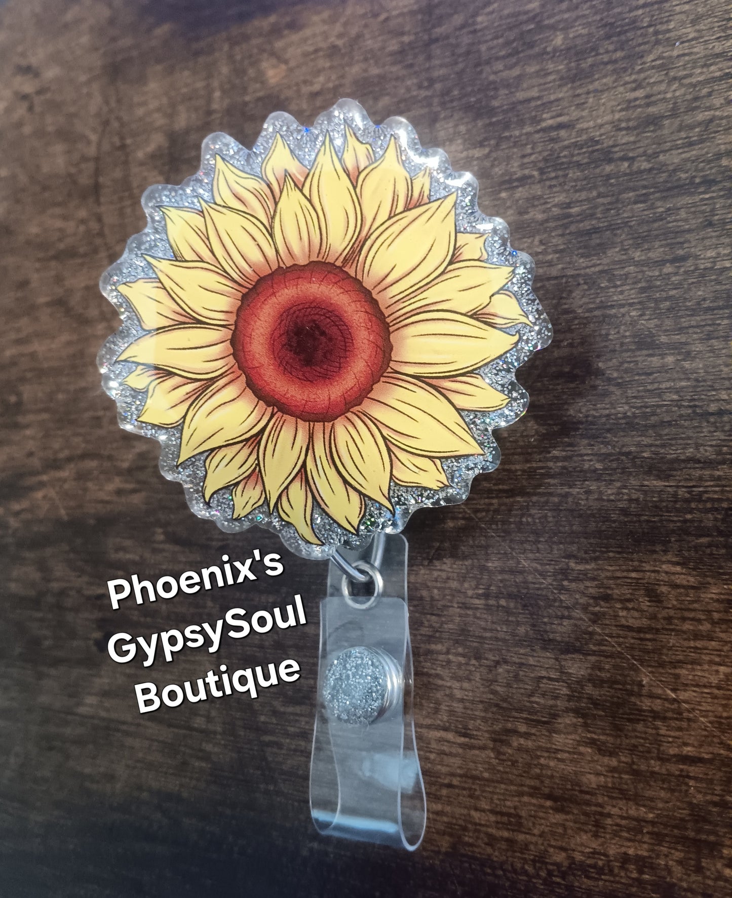 Cute Silver Sunflower Badge Reel Retractable ID holder Interchangeable