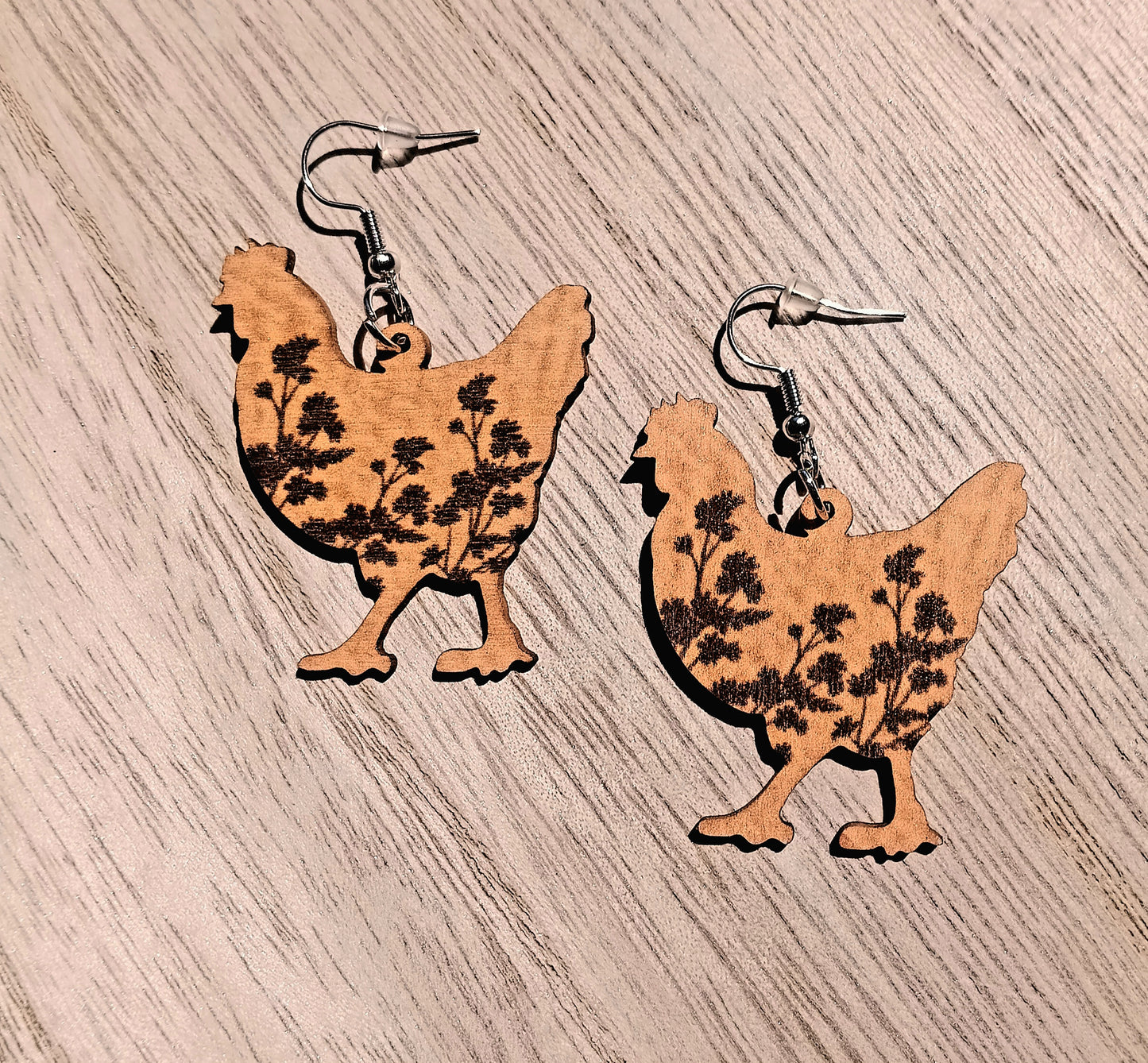 Adorable Floral Wood Chicken Earrings