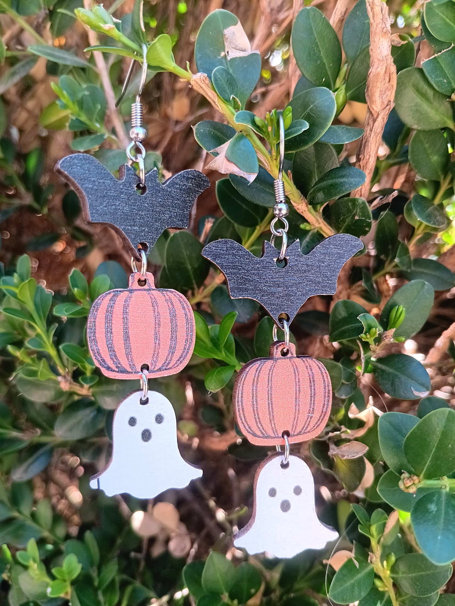 Adorable Wooden Halloween Bat ghost Dangle Earrings