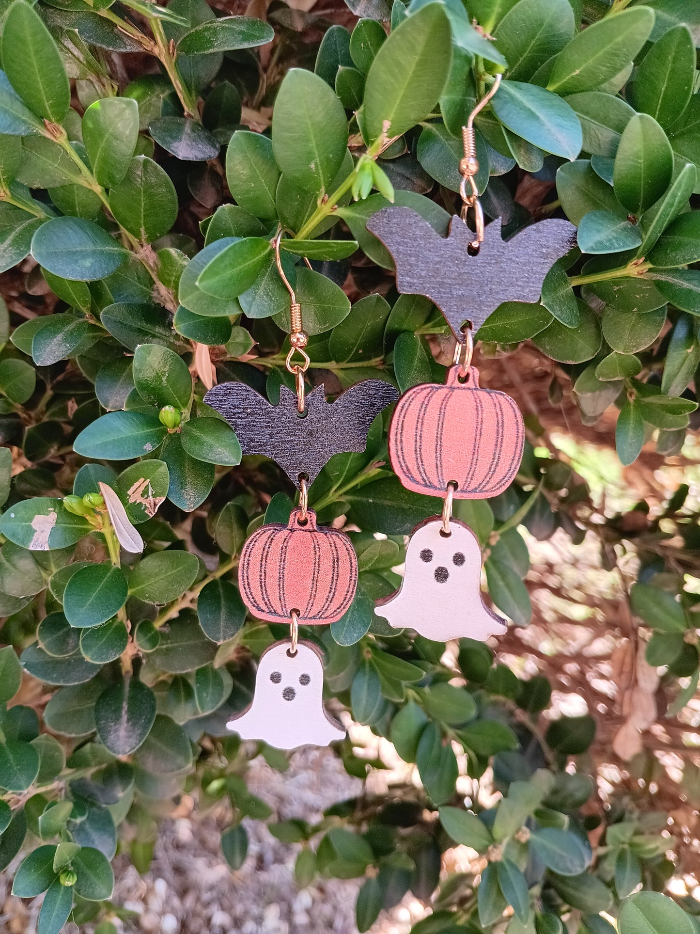 Adorable Wooden Halloween Bat ghost Dangle Earrings