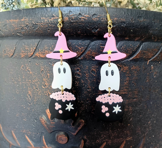 Cute Dangle Witchy Hat Ghost Earrings