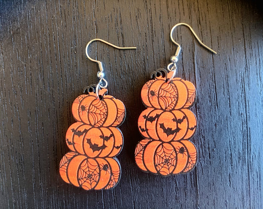 Fun Spider Web Batty Stacked Pumpkin Earrings