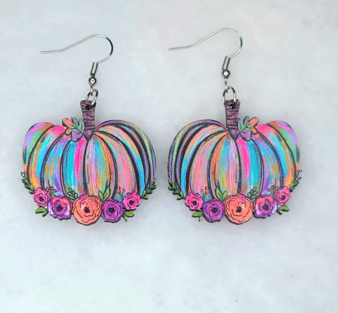 Colorful Wooden Pumpkin Earrings