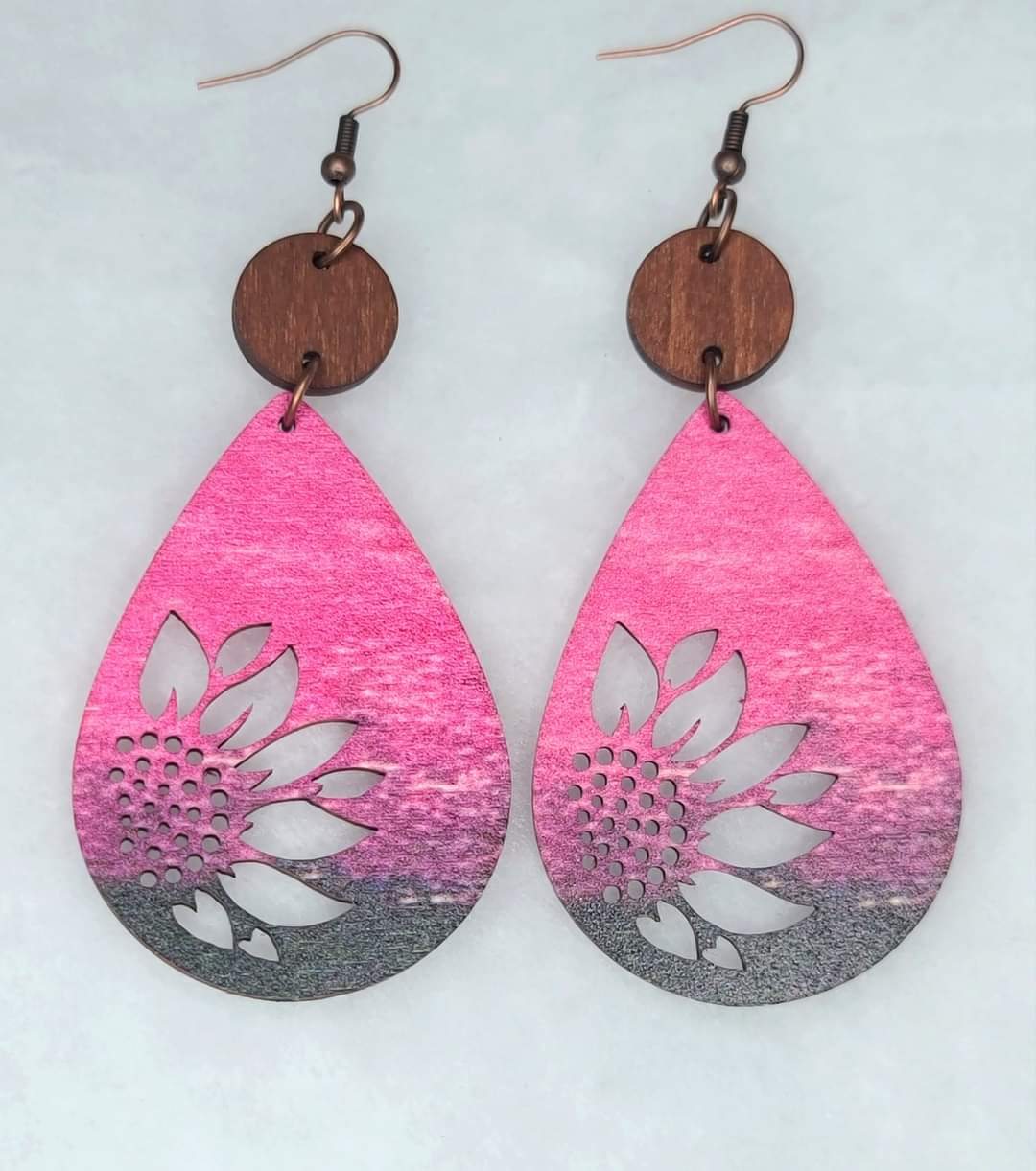 Colorful Pink Sunflower Wood Carved Earrings