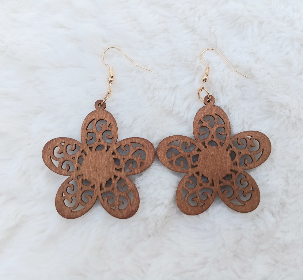 Beautiful Bohemian Wood Carved Flower Earrings