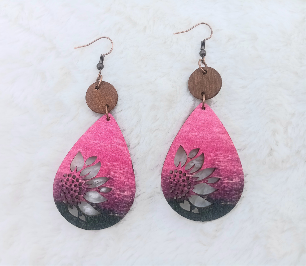 Colorful Pink Sunflower Wood Carved Earrings