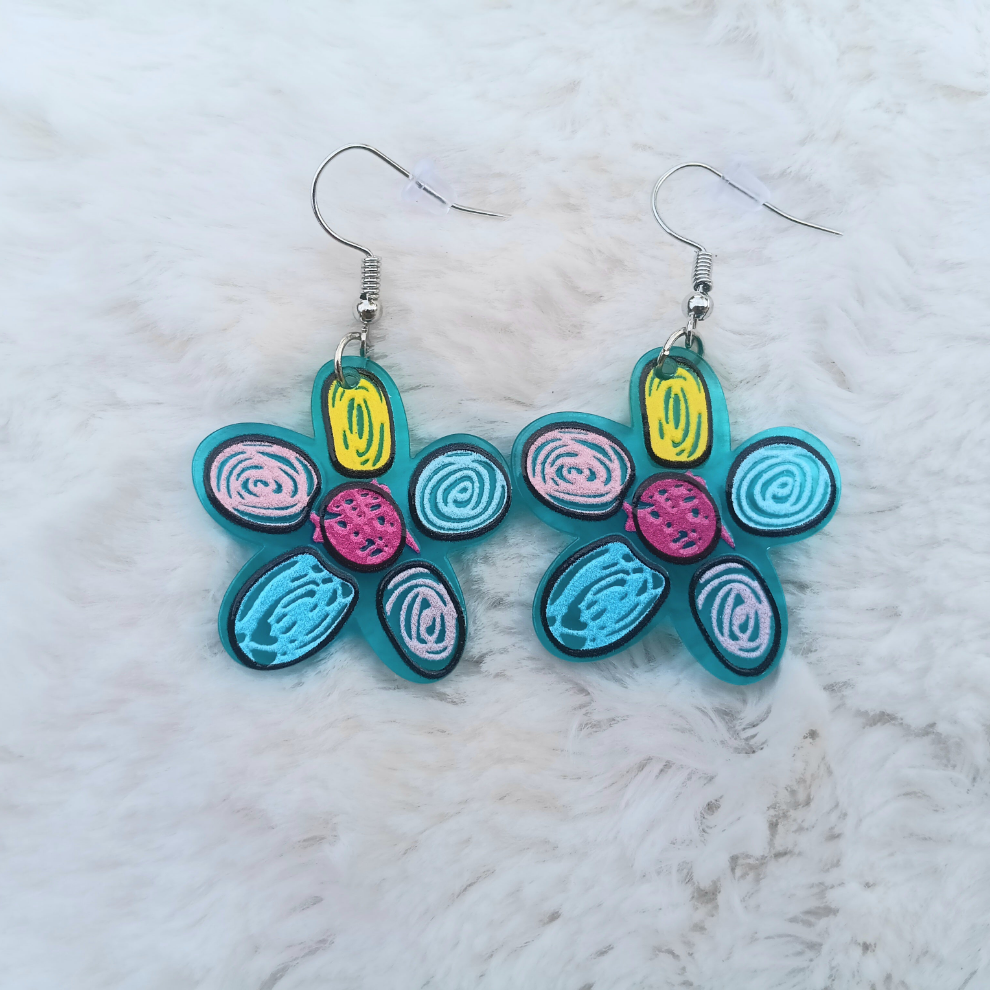 Colorful Teal Bohemian Flower Earrings