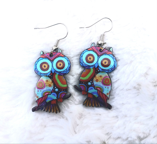 Psychedelic Colorful Bohemian Owl Earrings