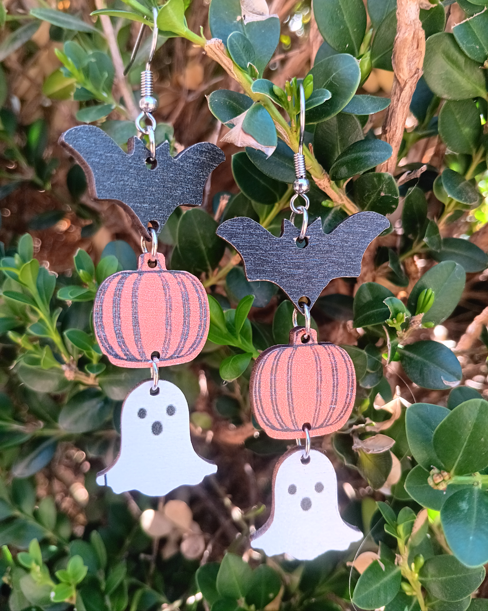 Adorable Wooden Halloween Bat ghost Dangle Earrings