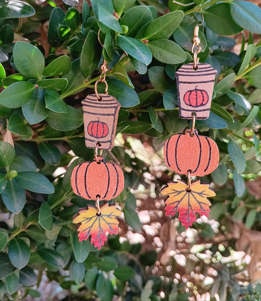 Adorable Fall Pumpkin Spice Coffee Wood Earrings