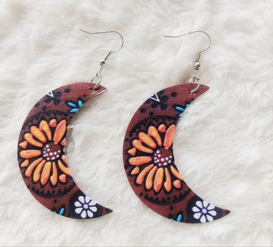 Adorable Southern Boho Vibes Floral Moon PU Leather Earrings