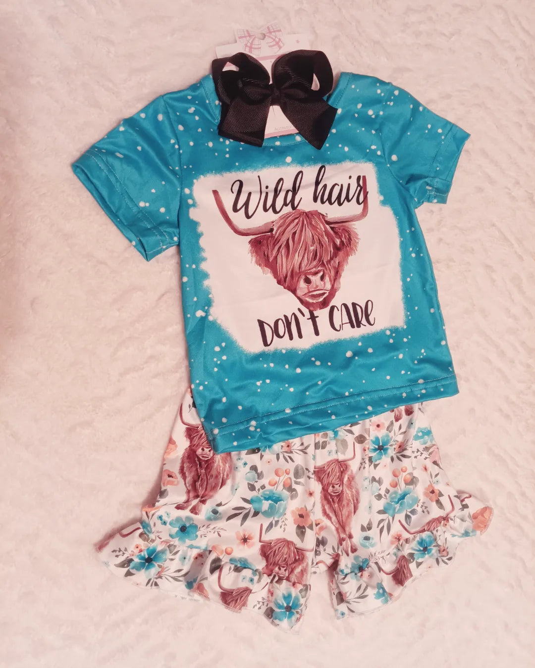 Cute Wild Hair Don't Care Short set/Bow Turquoise/Blue