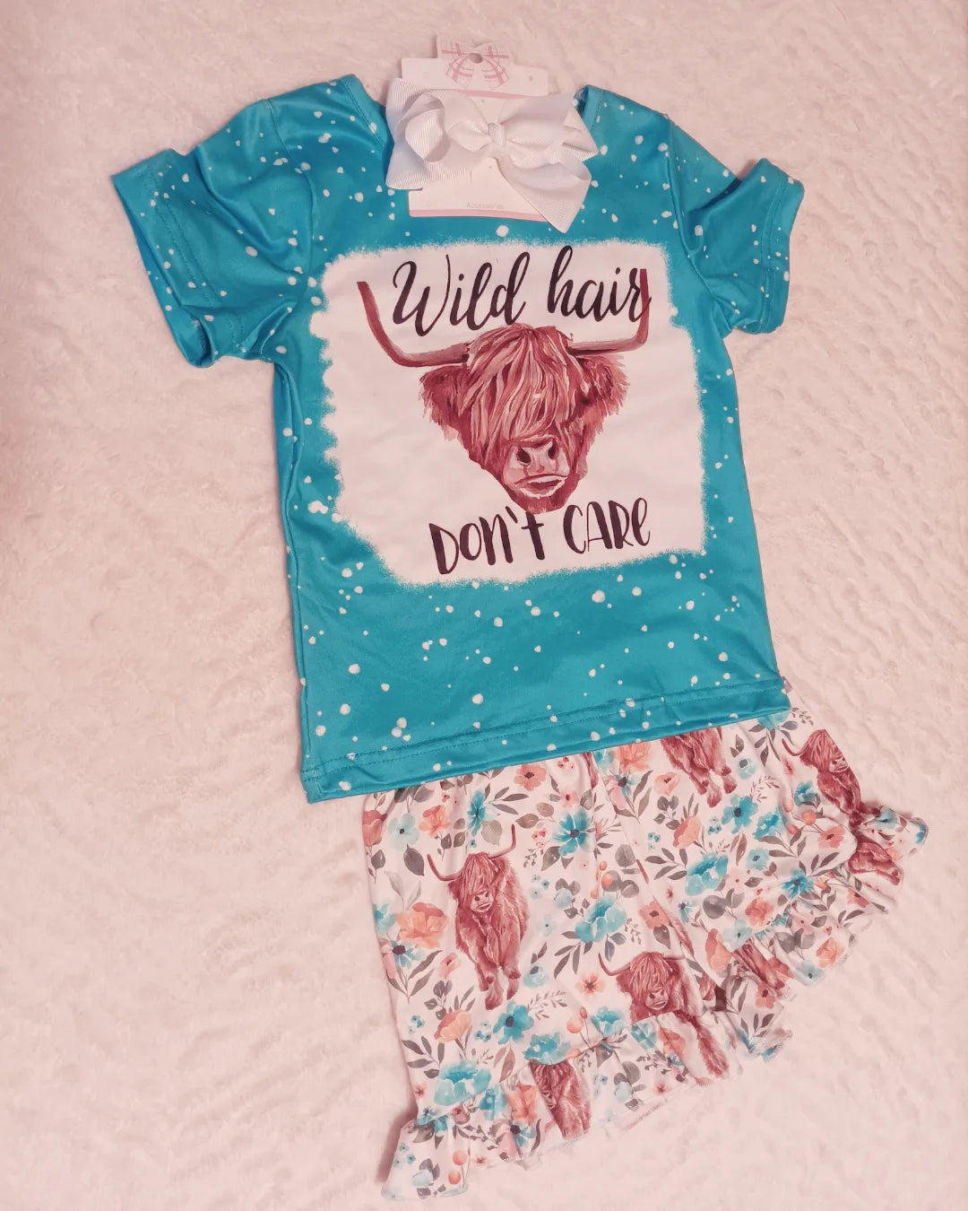 Cute Wild Hair Don't Care Short set/Bow Turquoise/Blue