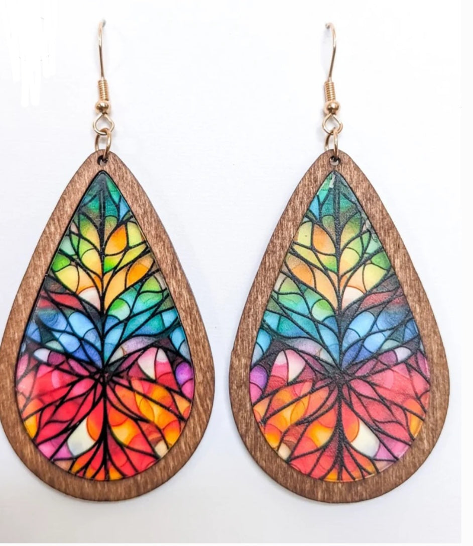 Beautiful Wood and Stained Glass Effect Earrings