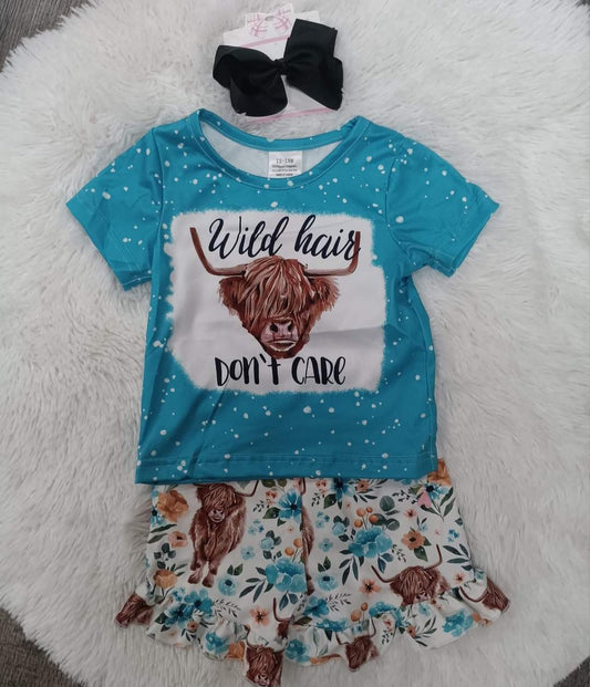 Cute Wild Hair Don't Care Short set/Bow Turquoise/Blue