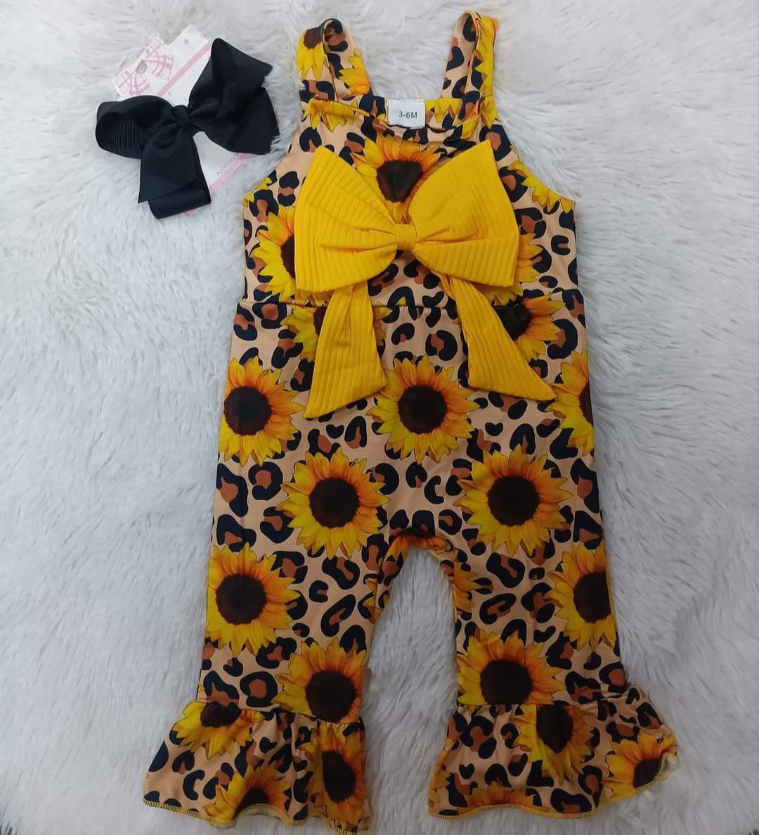 Adorable Infant Sunflower Bow Animal print Jumpsuit