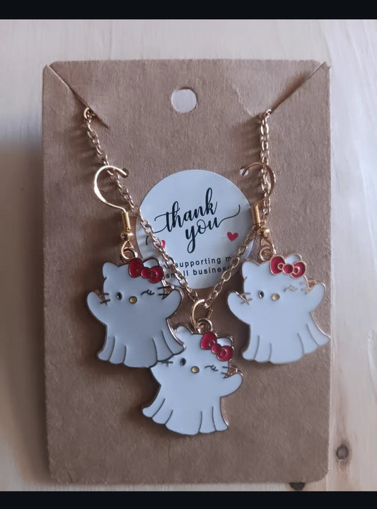 Adorable Halloween Kitty Jewelry Set Necklace/Earrings