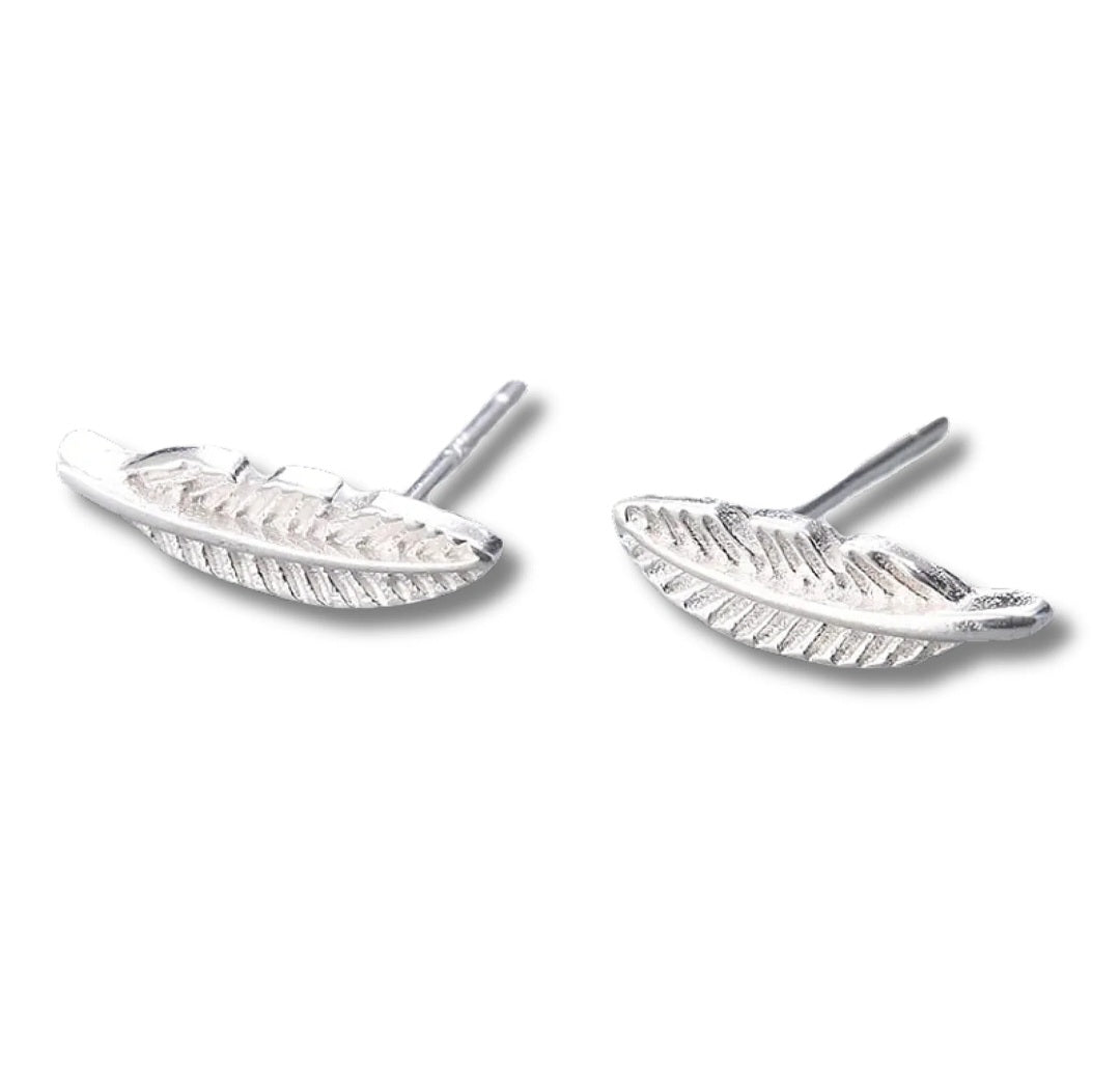 Beautiful Dainty Feather Silver Stud Earrings