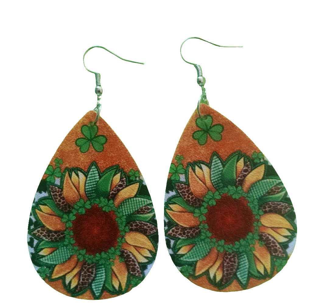 Fun Green Sunflower Clover Earrings