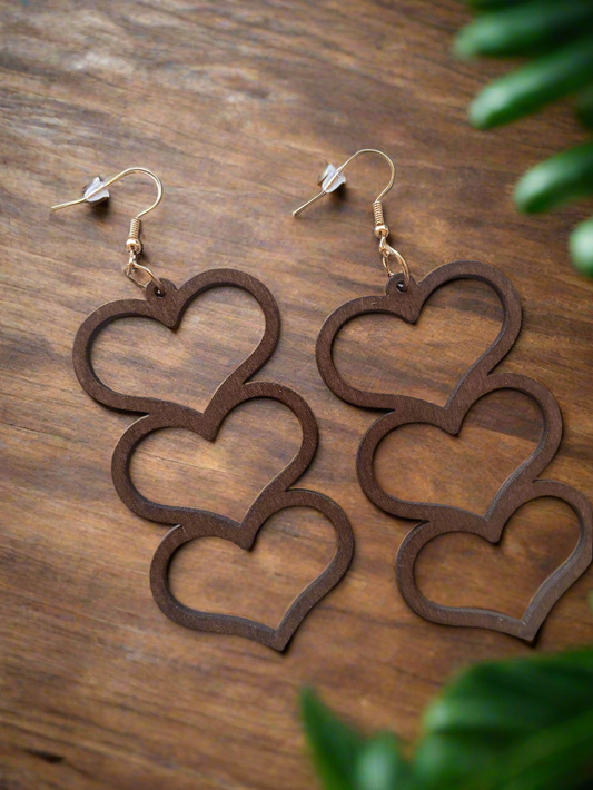 Adorable wood Long Stacked Heart Earrings